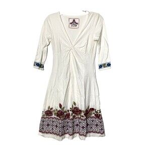 Johnny Was Mini Dress Size S Floral Embroidered  Sleeves 3/4 Fit & Flare